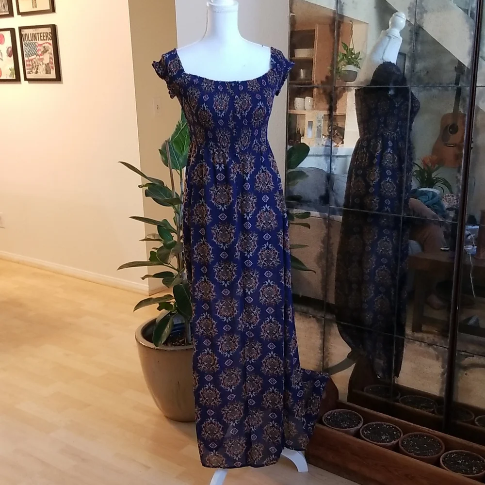Xhilaration Blue & Orange Romper W Train Off Shoulder - Picture 1 of 11